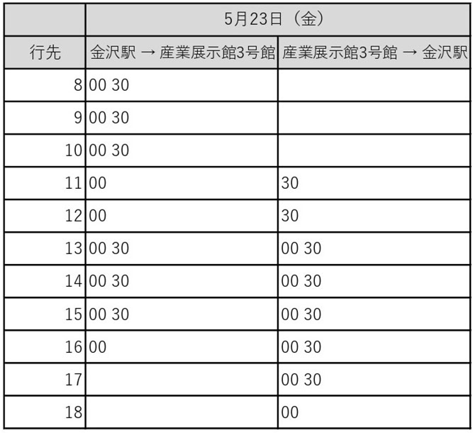 無料シャトルバス時刻表画像(5月23日)